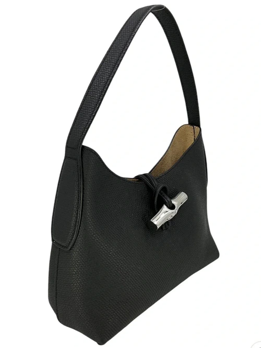 Longchamp Le Roseau Black Grained Cowhide Leather Small Hobo Bag NWOT RARE